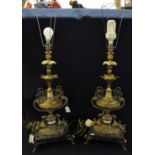 Pair of classical design gilded brass urn shaped two handled table lamps with porcelain floral