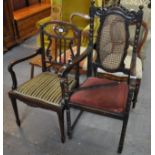 Edwardian mahogany inlaid open armchair on square tapering legs and spade feet, together with an