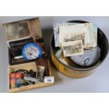 Bluebird toffee tin comprising various oddments, Sony Walkman, sewing implements, loose stamps,