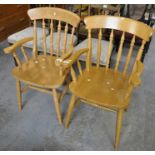 Pair of modern beech spindle backed kitchen elbow chairs. (2) (B.P. 21% + VAT)