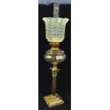 Early 20th Century double oil burner having clear glass chimney with frilled shade, cut clear