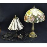 Two Tiffany style table lamps, one with glass shade decorated with butterflies and flowers, the
