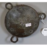 Unusual bronze three-handled circular bowl, decorated with a stylised bird at front and a stylised