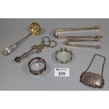 Bag of assorted mixed Victorian and other silver items to include; napkin rings, tongs, sherry