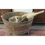 Large coopered oak two handled circular wash tub, a sycamore milkmaids yoke and a small coopered