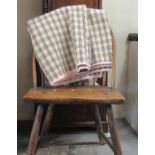 Antique cream ground red and black check narrow loom woollen Welsh blanket. 193 x 156cm approx.