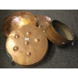 Three vintage two handled copper pans, together with another copper pan of oval form. (4) (B.P.