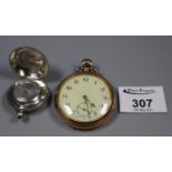 Gold plated key less open faced lever pocket watch and a silver sovereign case with Birmingham