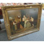 19th Century Dutch musical oil painting wall clock, the canvas depicting figures in interior, two