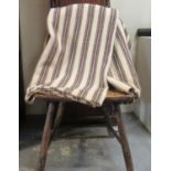 Antique cream ground narrow loom woollen Welsh blanket with black and red striped design. 189 x