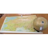 Pull down vintage map of West Wales and a vintage table top globe. Provenance Margaret Bide