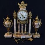 Late 19th/early 20th Century French gilt metal and veined marble clock garniture, the clock on