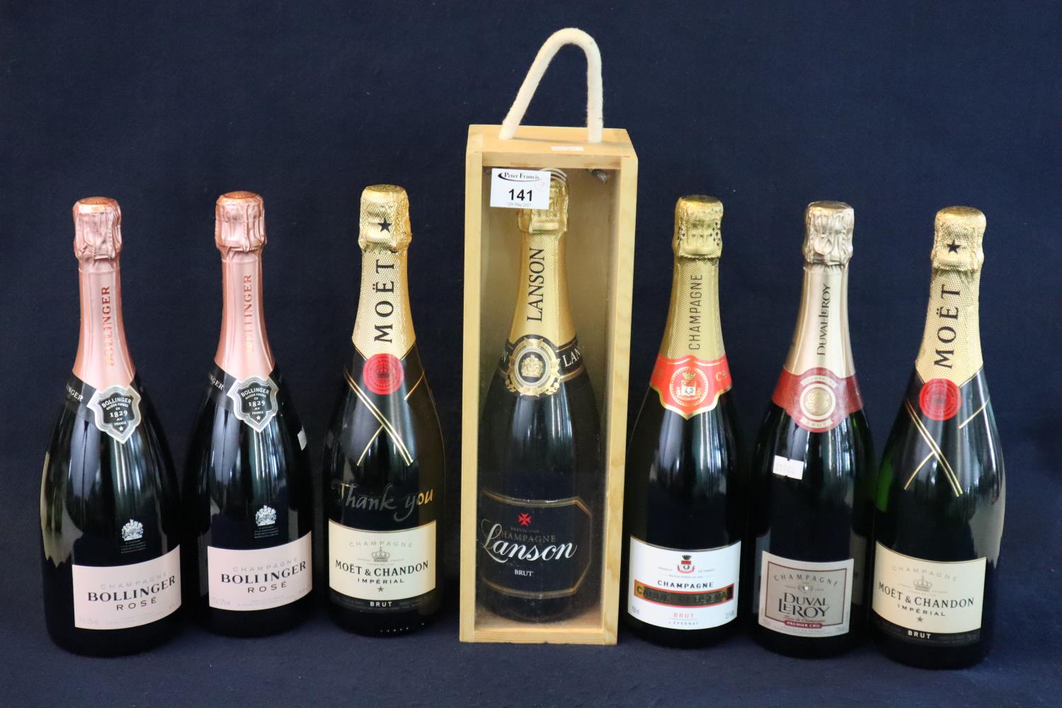 Collection of seven champagne bottles to include Moet and Chandon, Bollinger rose, Duval Leroy,