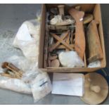 Box containing various treen sewing, weaving and embroidery accessories to include; various bobbins,