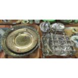 Two trays of metalware to include; brass trays and plates, some Middle Eastern design with inscribed