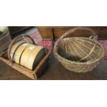 Two woven wicker baskets, together with two bentwood garden sieves. Provenance Margaret Bide