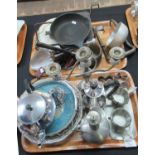 Two trays of assorted metalware to include: a silver plated, single serving coffee pot, a small cast