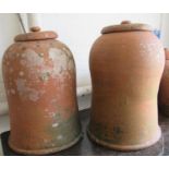Large pair of baluster shaped terracotta rhubarb forcing jars, each with removable covers. 64cm high