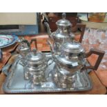 Silver plated tray with tea and coffee service comprising; coffee pot, teapot, sucrier and milk jug,