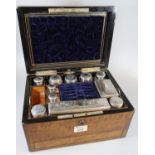 Victorian ladies silver vanity set in fitted walnut case with brass inlay, the interior revealing