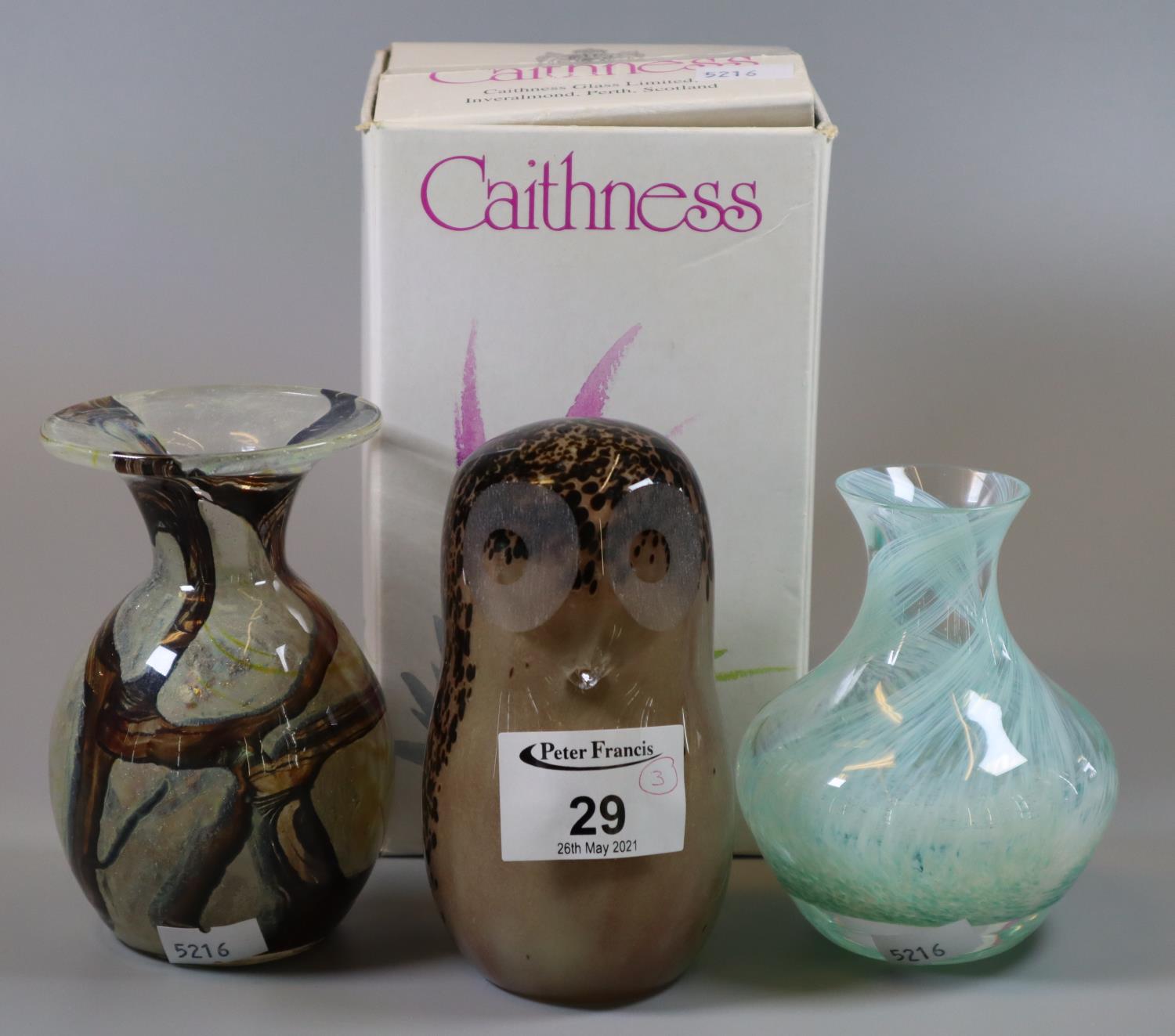 Wedgewood glass owl paperweight, together with an art glass baluster vase, and a boxed Caithness