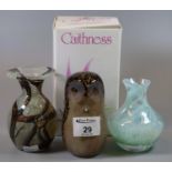 Wedgewood glass owl paperweight, together with an art glass baluster vase, and a boxed Caithness