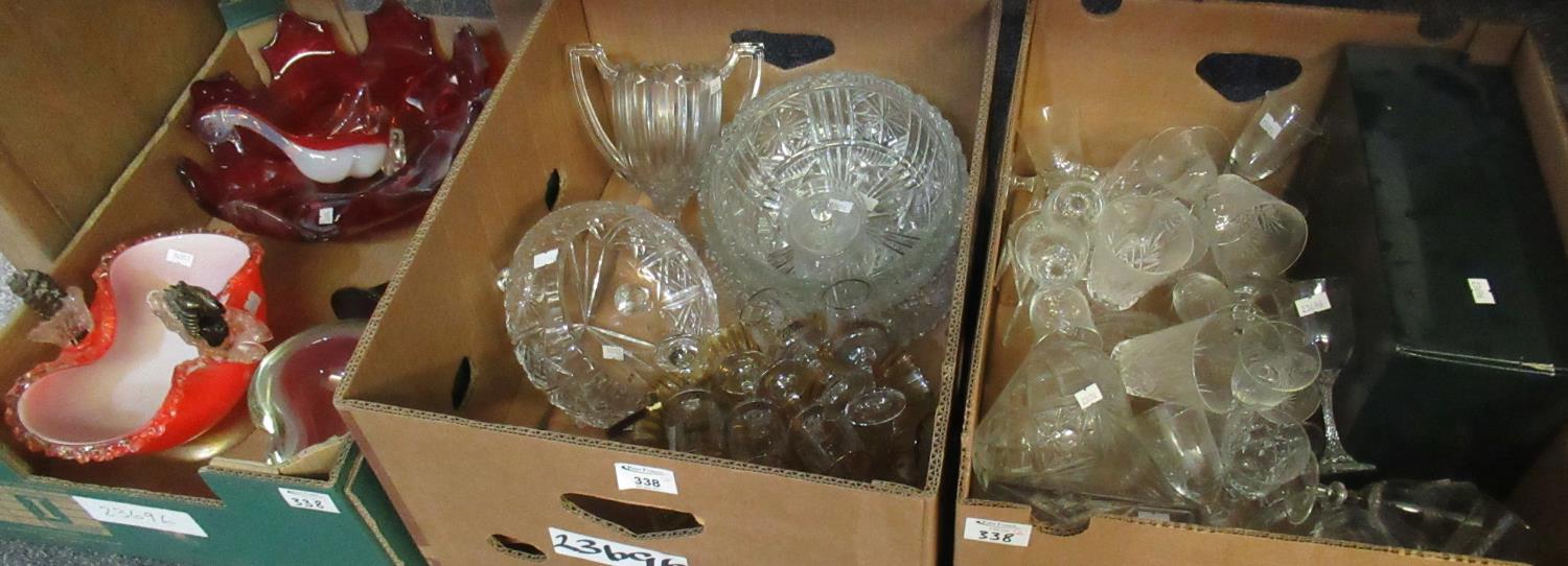Three boxes of glassware, various to include; drinking vessels, fruit bowls, two handled celery type