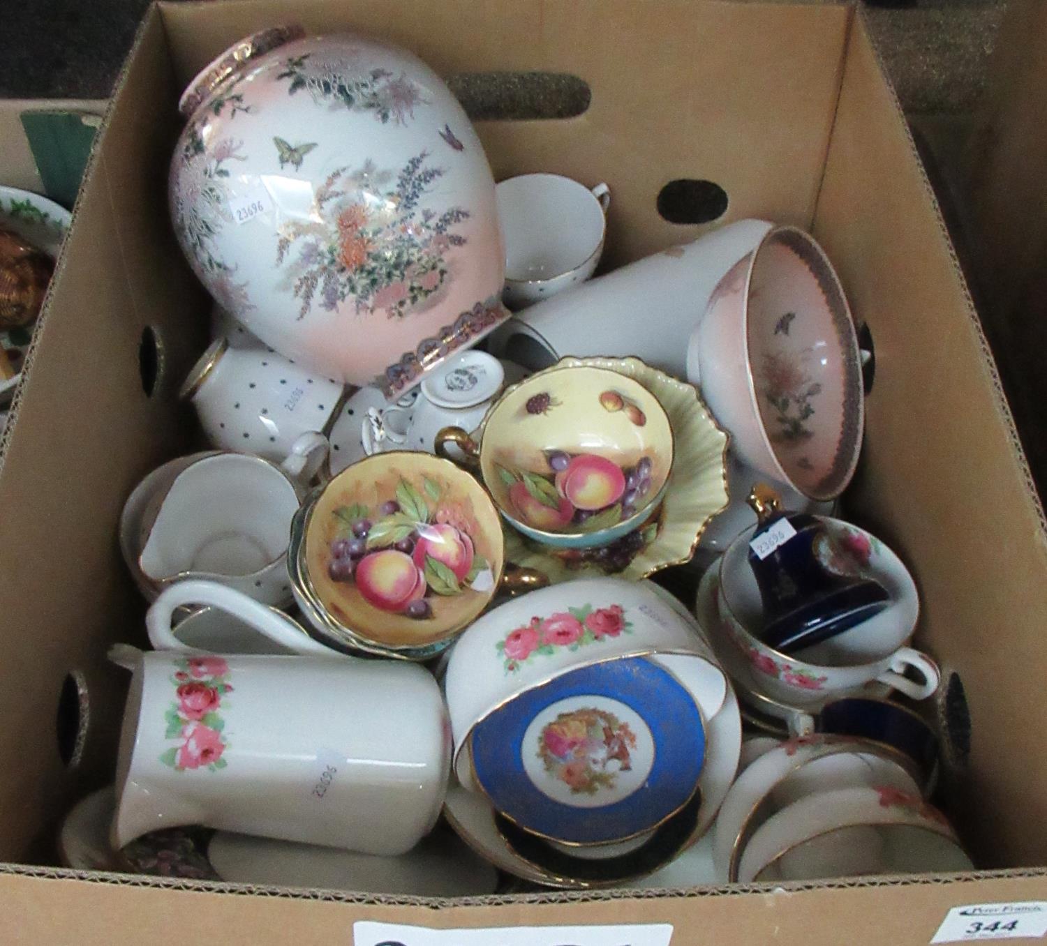 Box of china to include; Aynsley and other floral cabinet cups and saucers, polka dot design