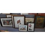 A group of assorted furnishing prints of equestrian interest, horse racing, hunting etc. Framed