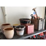 Collection of items to include; terracotta pots and planters, Shell Motospirit oil can, a wooden