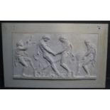 Neo-classical plaster relief plaque depicting Grecian figures treading grapes, on a fibreboard