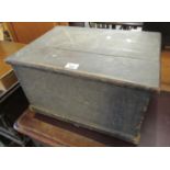 Small stained pine box of plain form with leather carrying handle. (B.P. 21% + VAT)