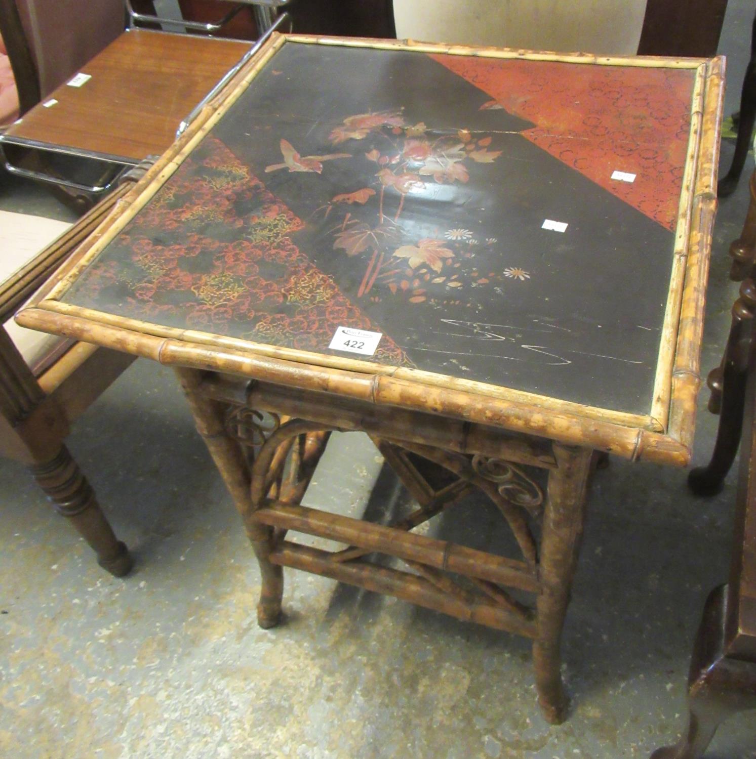 Chinoiserie decorated and lacquered bamboo side table of square form, early 20th Century. (B.P.