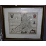 John Blaeu, original 18th Century map of Cardiganshire, 37.5 x 50cm approx. Sparsely coloured,