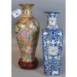 Two modern Chinese design vases of baluster and square section form decorated with flowers and