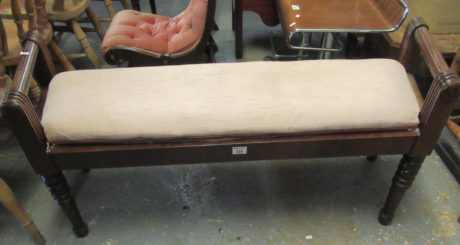 19th Century mahogany upholstered window seat on turned tapering supports. (B.P. 21% + VAT)