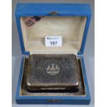 A Thai silver plated cigarette box with Niello type decoration, bearing plaque engraved 'with the