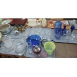 Five trays of assorted glass items to include: decorative glass baskets, glass bowls, sherry