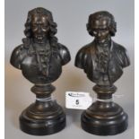 Two similar bronze classical composer busts on circular mounted socle bases, unsigned. (2) (B.P. 21%