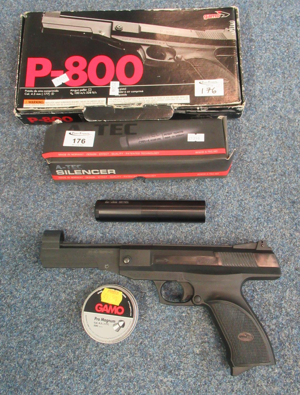 P-800 .177 air pistol, break action with pellets and an A-TEC air rifle silencer.