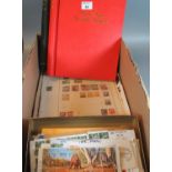 Box with all world selection of mint and used in various albums and on pages, plus box of