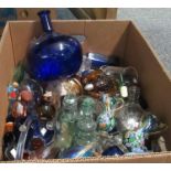 Box of clear and coloured glass to include cod bottles, chemist bottles, vintage measures, art glass