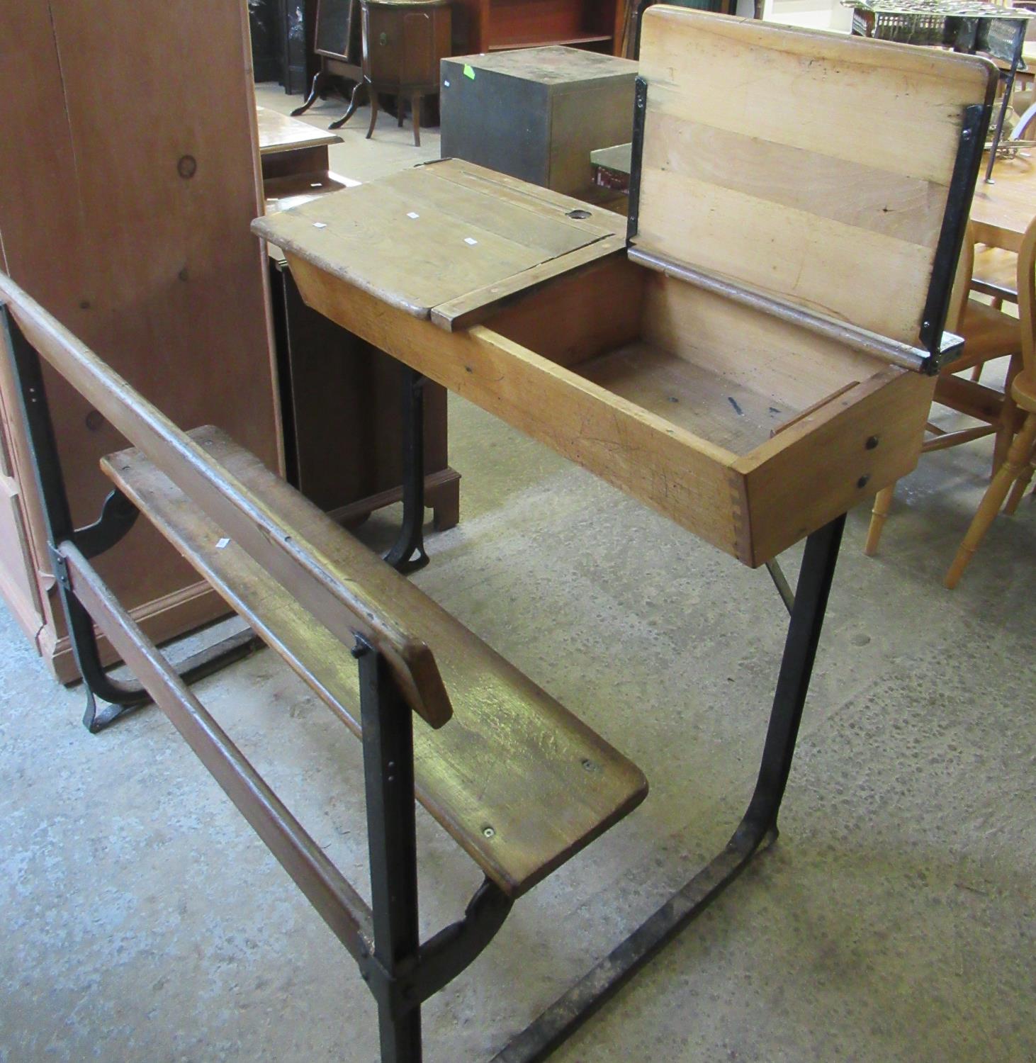 Vintage child's double school desk with fixed bench. (B.P. 21% + VAT)