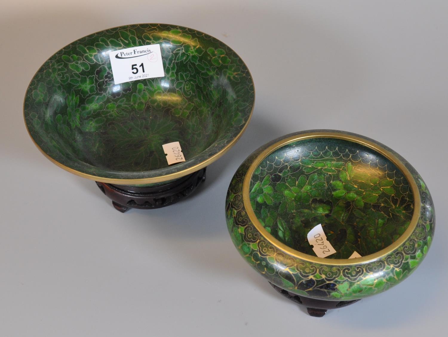 Two similar Chinese cloisonne green ground floral and foliate censers or bowls on hardwood