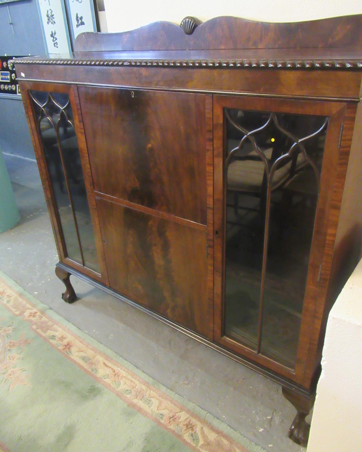 Early 20th Century mahogany secretaire bookcase or display cabinet on cabriole legs and ball and