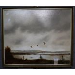 J Hilliard (20th Century), ducks flying over an estuary landscape, oils on board. 53 x 60cm