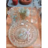 Tray of glass items to include: two star etched drinking glasses and three glass animals etc. (B.