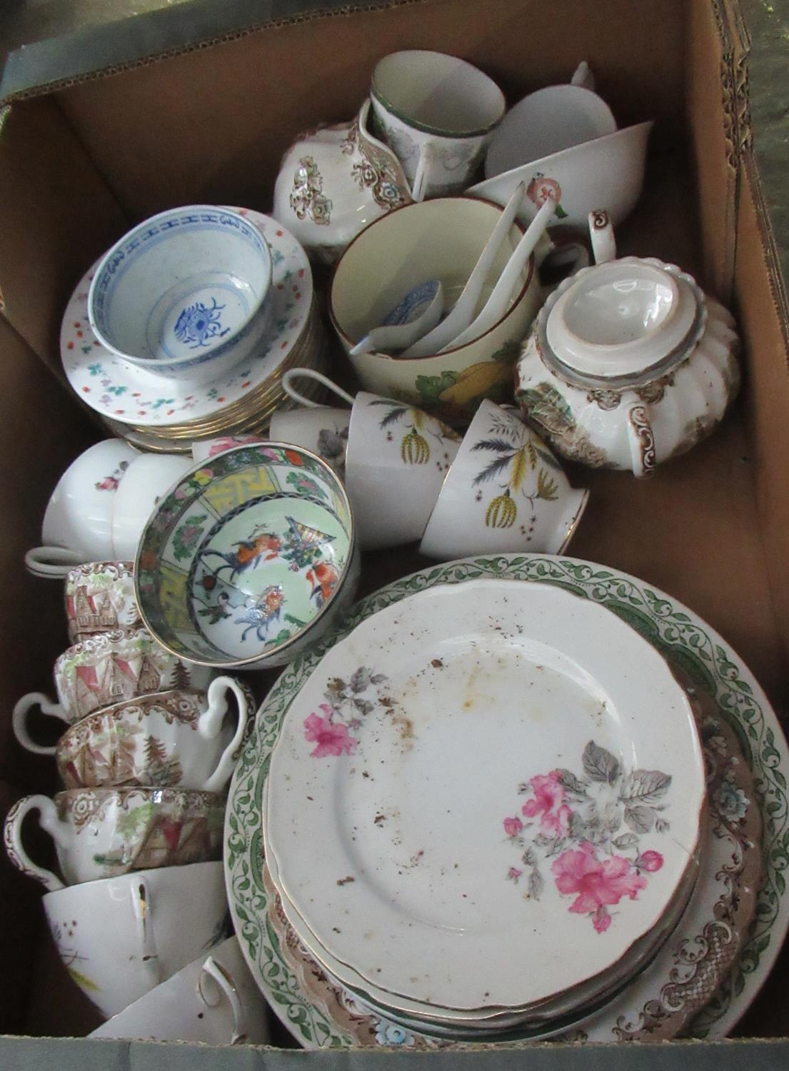 Box of assorted china side plates, serving plates, cups and saucers etc. (B.P. 21% + VAT)