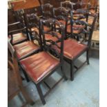 A set of eight 19th Century mahogany scroll and bar back dining chairs with leather drop in seats on