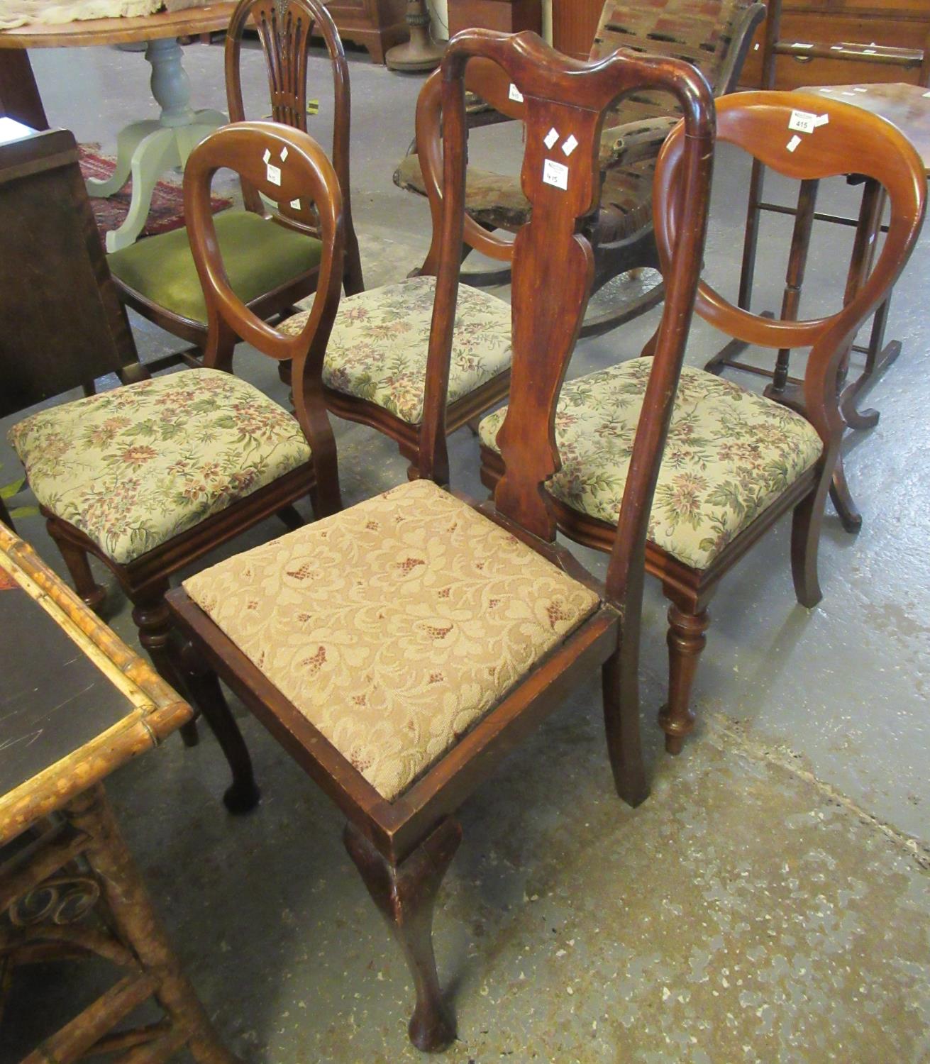 Collection of five chairs to include; a set of three Victorian balloon back chairs, Queen Anne style